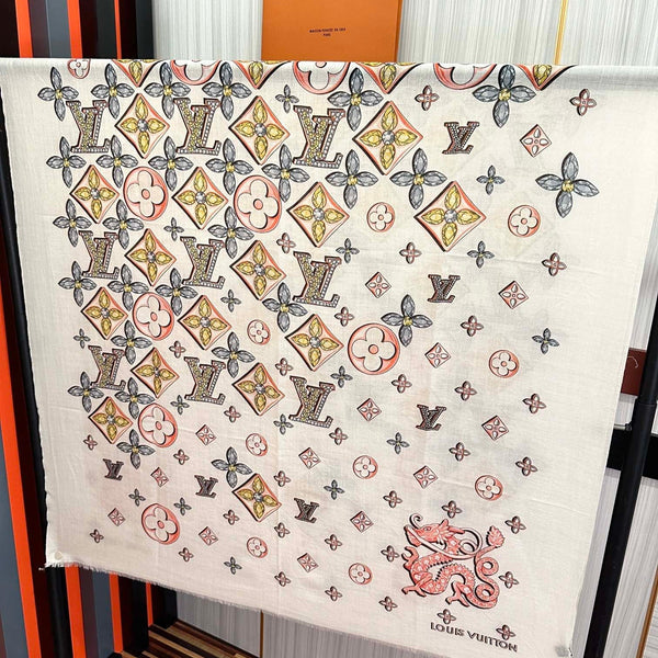 LV Long Scarf 200cm White Pink Yellow Cashmere 967317