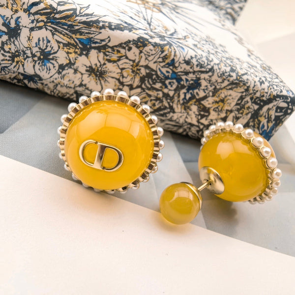CD 26S Yellow Resin Pearl Double Ball Earrings In Gold Metal 631070
