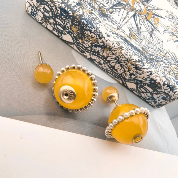 CD 26S Yellow Resin Pearl Double Ball Earrings In Gold Metal 631070