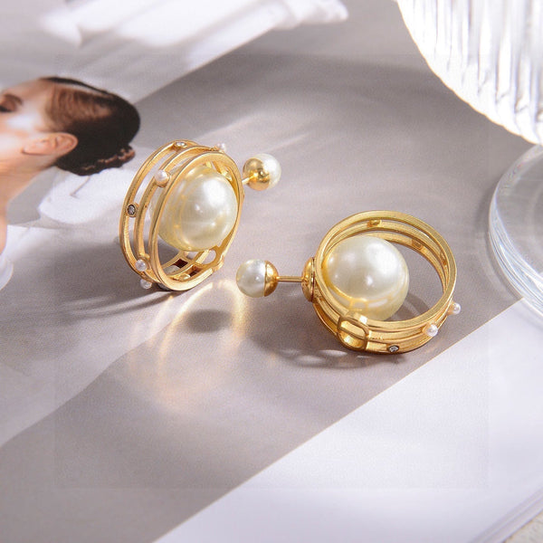 CD 26S Double Pearl Orbit Earrings In Gold Tone Metal 630833