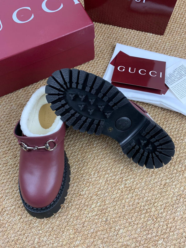 Gucci FW 25 Horsebit Suede Clog Deep Burgundy Leather with Shearling 506442
