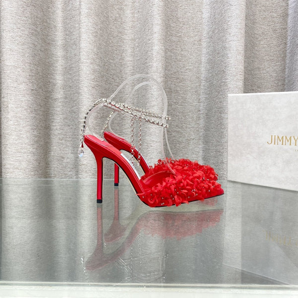 Jimmy Choo Saeda Pumps Red Mesh Lambskin 668534