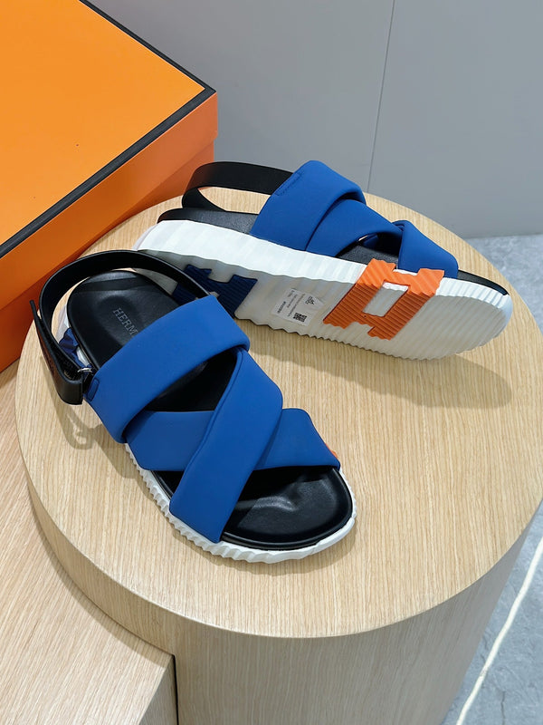 HM ELECTRIC SANDAL COBALT FABRIC AND CALFSKIN