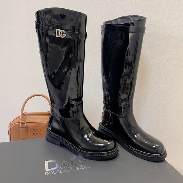 DC 24 Knee-High Boots Black Cowhide Patent & Nubuck 982194
