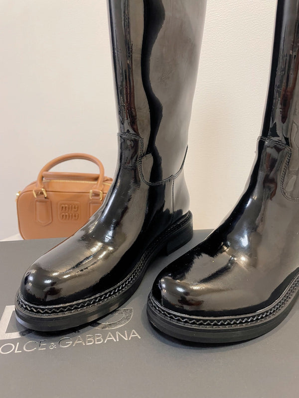 DC 24 Knee-High Boots Black Cowhide Patent & Nubuck 982194