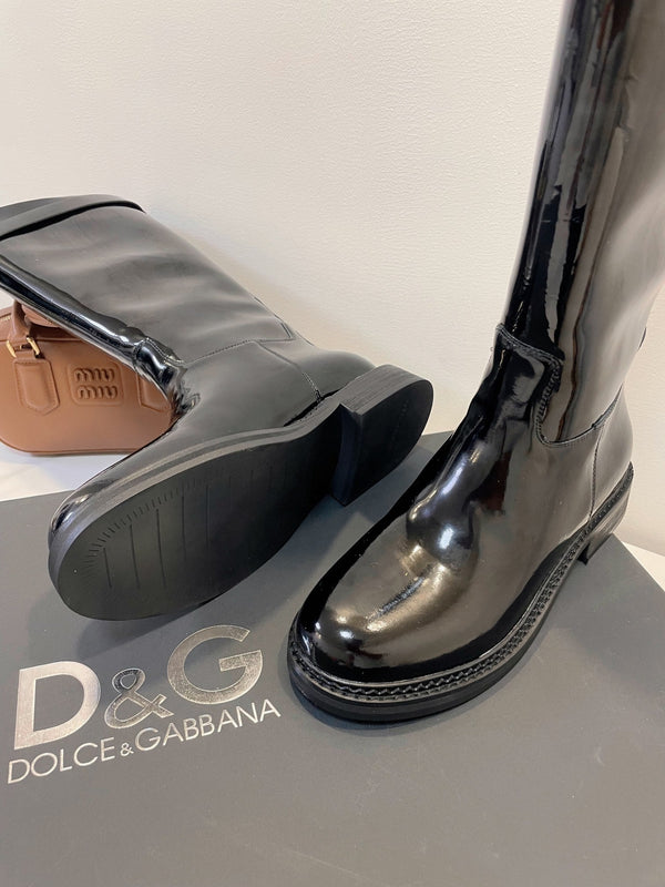 DC 24 Knee-High Boots Black Cowhide Patent & Nubuck 982194