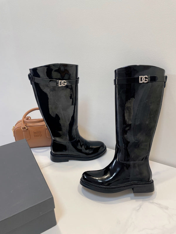 DC 24 Knee-High Boots Black Cowhide Patent & Nubuck 982194