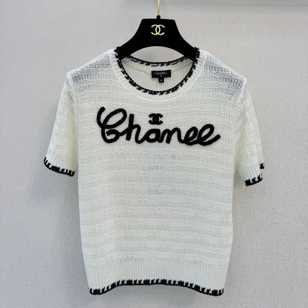 Chanel 2026 Embroidery Logo Short-sleeved Shirt White Black Wool 364270