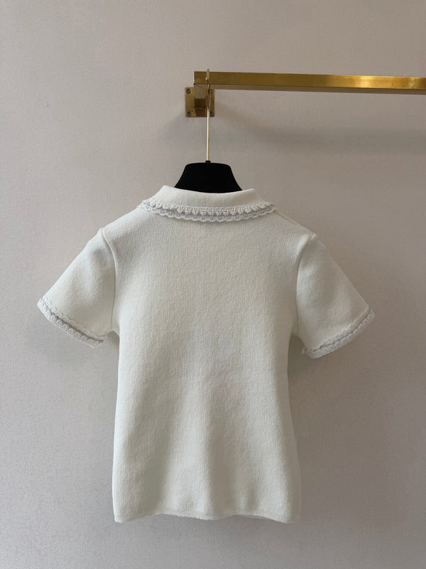 CC Collared Short-Sleeved Cardigan White Cotton Silk 394827