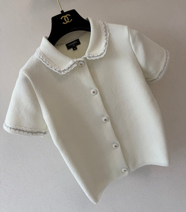 CC Collared Short-Sleeved Cardigan White Cotton Silk 394827