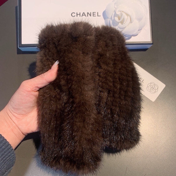 FINGERLESS GLOVES IN GINGERBREAD BROWN RABBIT FUR 462280