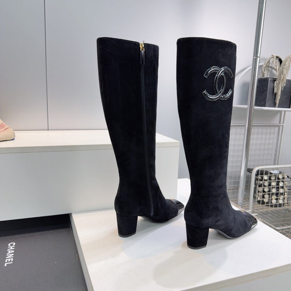 CC 26s Cap-Toe Knee-High Boots 4.5cm Black Stretch Suede 966839