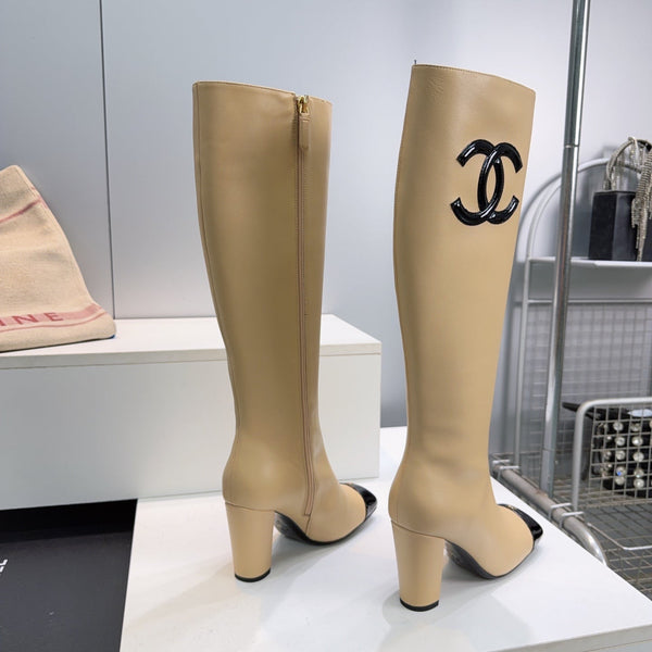 CC 26s Cap-Toe Knee-High Boots 8.5cm Beige Stretch Lambskin 966848