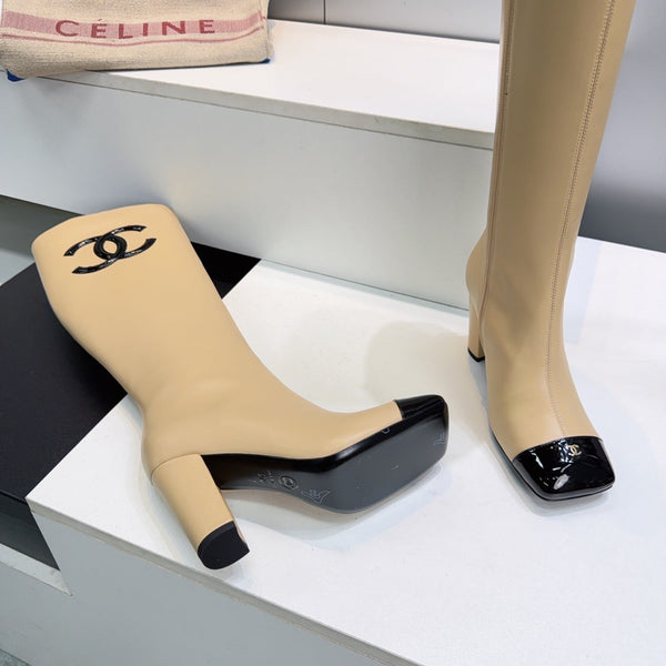 CC 26s Cap-Toe Knee-High Boots 8.5cm Beige Stretch Lambskin 966848