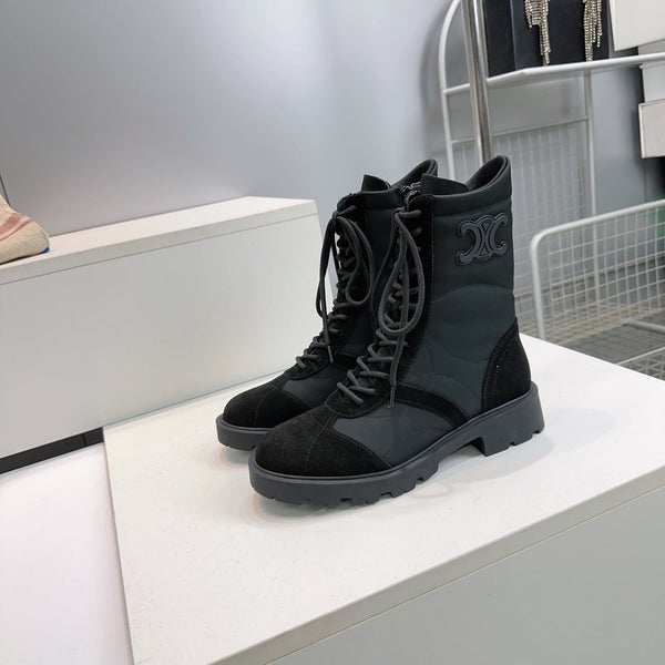 CE 26s Triomphe Lace-Up Combat Boots Black Suede Leather 107299