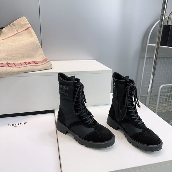 CE 26s Triomphe Lace-Up Combat Boots Black Suede Leather 107299