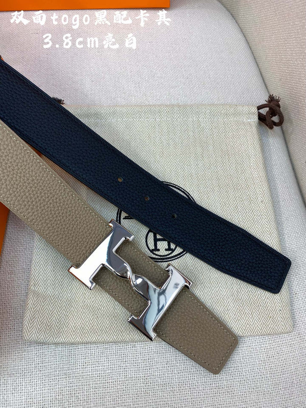 HM H BELT BUCKLE & REVERSIBLE CAMEL BROWN LEATHER STRAP 38MM SILVER HARDWARE