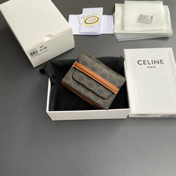 TRIOMPHE 24 Origami Business Card Holder Tan Canvas&Cowhile