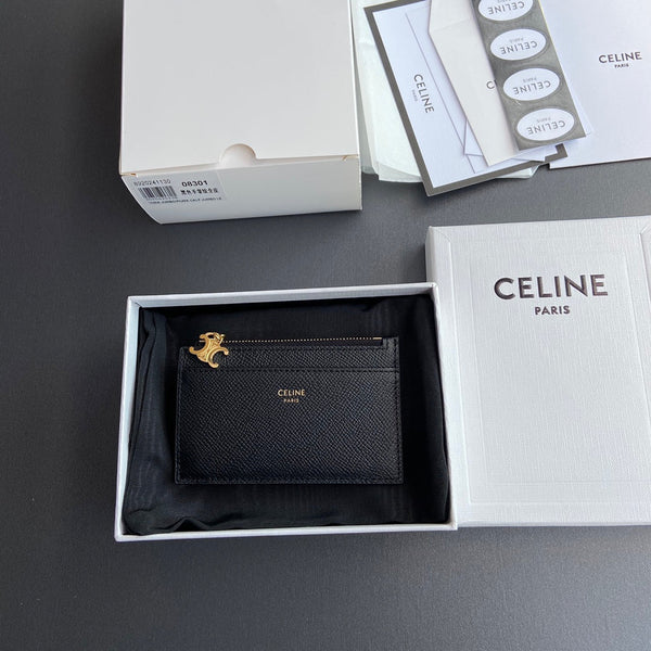 TRIOMPHE Zipped Card Holder Charms Black Grained Cowhide