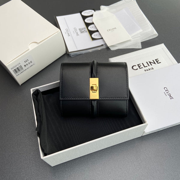 TRIOMPHE 16 Small Trifold Wallet Black Cowhide Leather