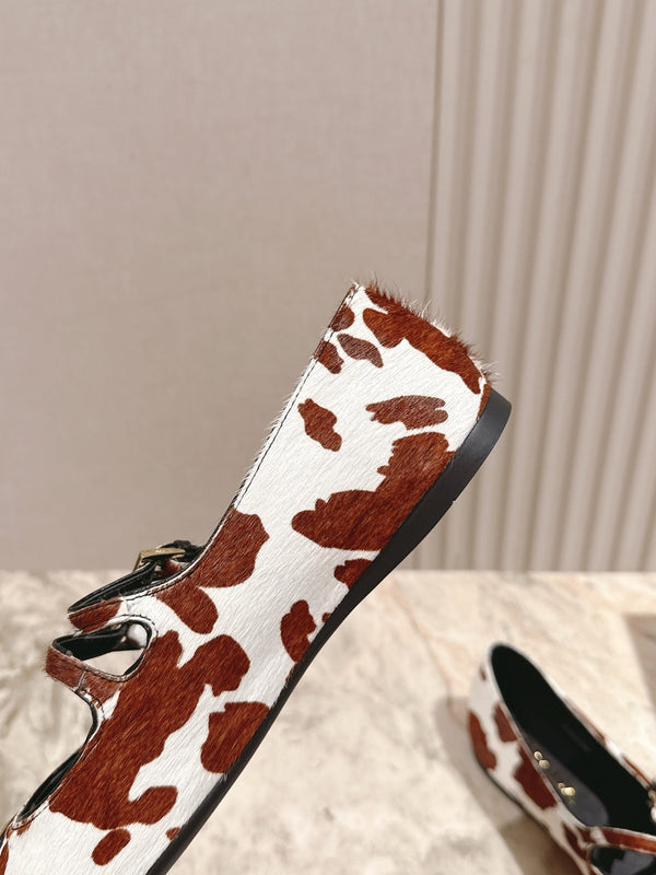 PRA 25s Ballet Flats with Small Buckle Brown White Cow Printed Calf-hair 449702