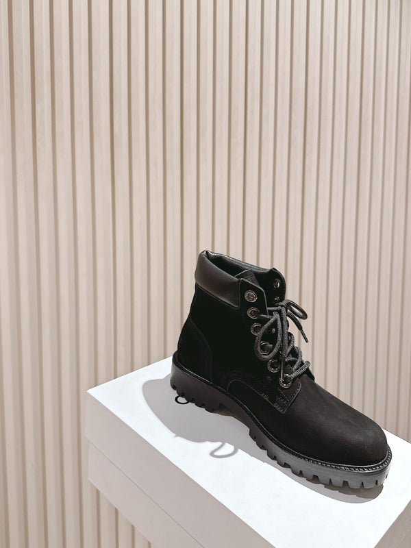 CELINE Kurt Lace-Up Martin Short Boots Black Nubuck Calfskin 452783