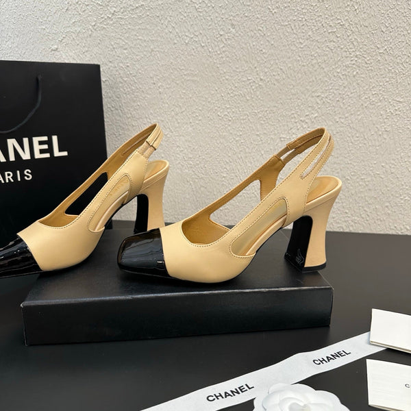 CC Slingback Block Heel Beige Black Leather 864113