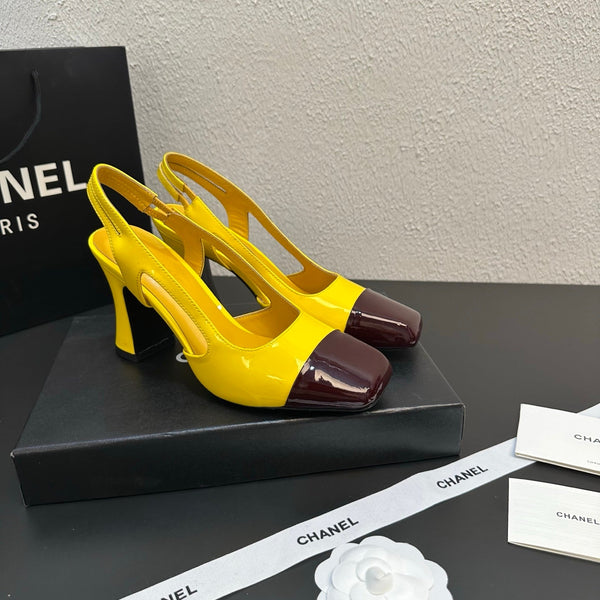 CC Slingback Block Heel Yellow Brown Patent Leather 864117