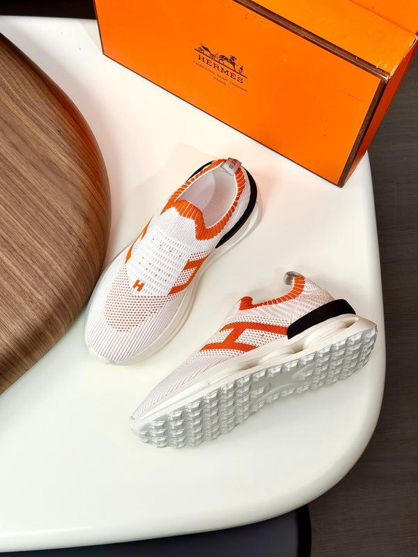 HM Men's Slip on Sneaker White Orange Flyknit Fabric 690061