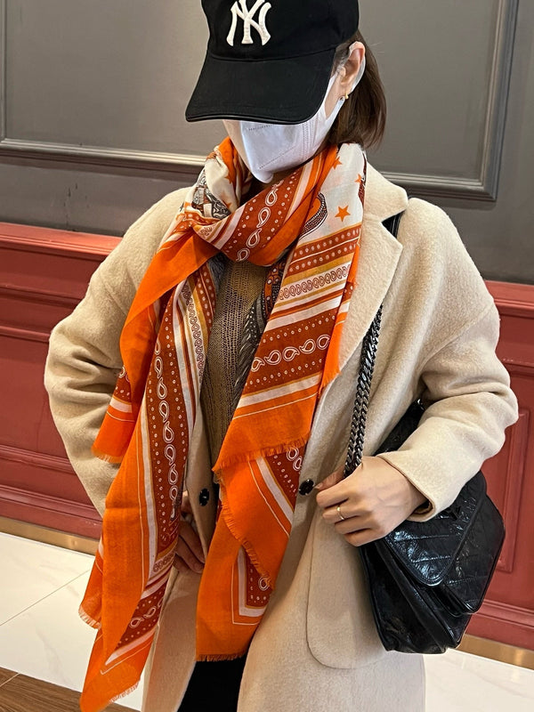 Selle De Dignitaire Bandana Shawl 200 CM In Orange Red Colorful Cashmere 265333