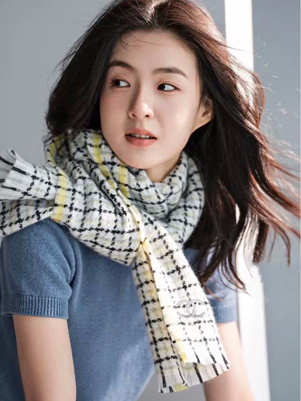 CC Scarf 190 CM In White Yellow With Black Plaid Cashmere 416805