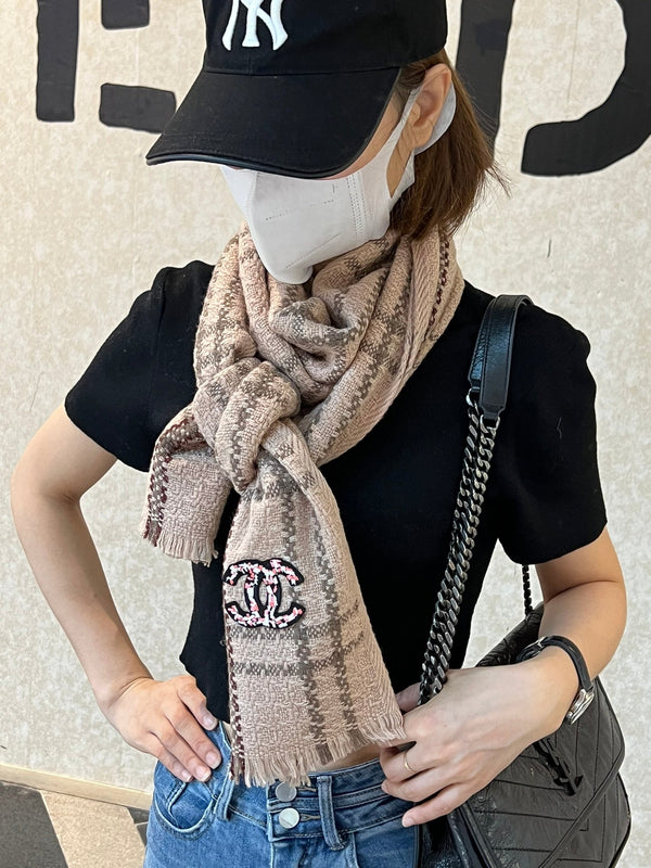 CC Scarf 190 CM In Dark Beige With Brown Stripes Wool  420037