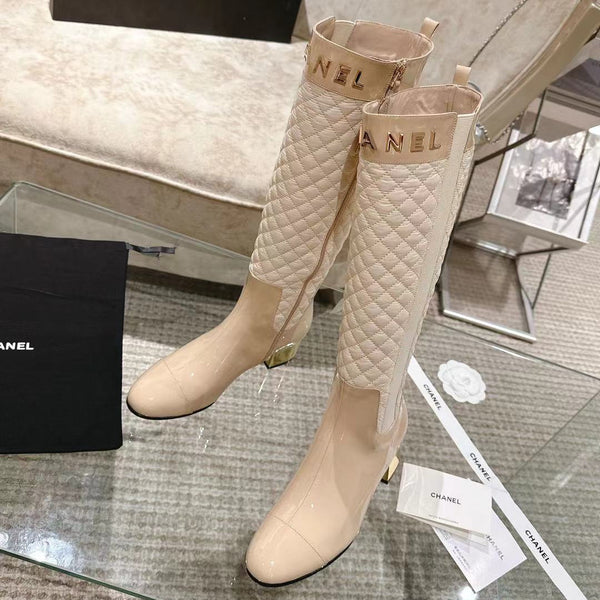 CC 26S Quilted Jumping Boots 5.5cm Beige Patent Leather Nylon 117685