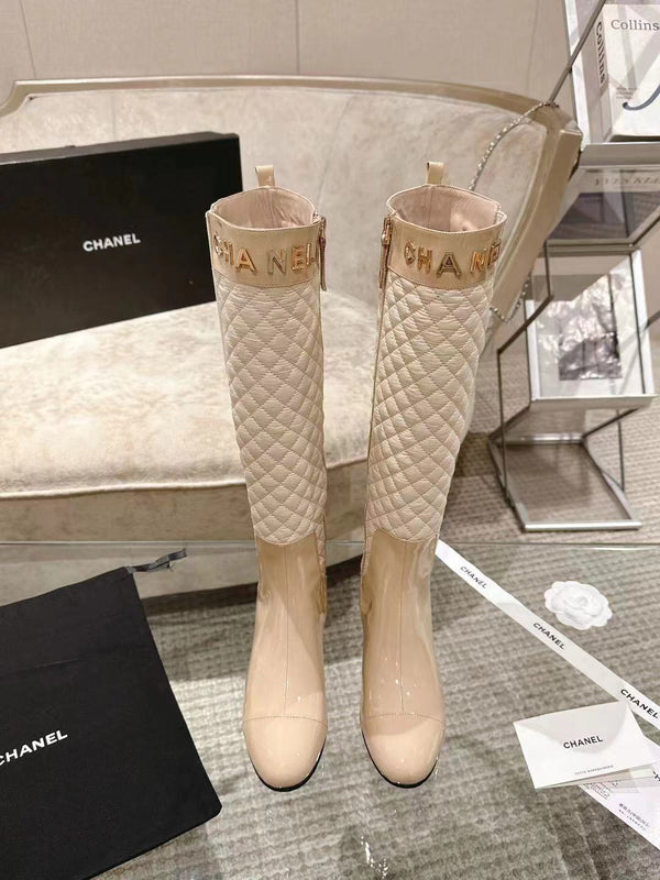 CC 26S Quilted Jumping Boots 5.5cm Beige Patent Leather Nylon 117685