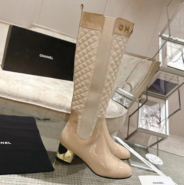 CC 26S Quilted Jumping Boots 5.5cm Beige Patent Leather Nylon 117685