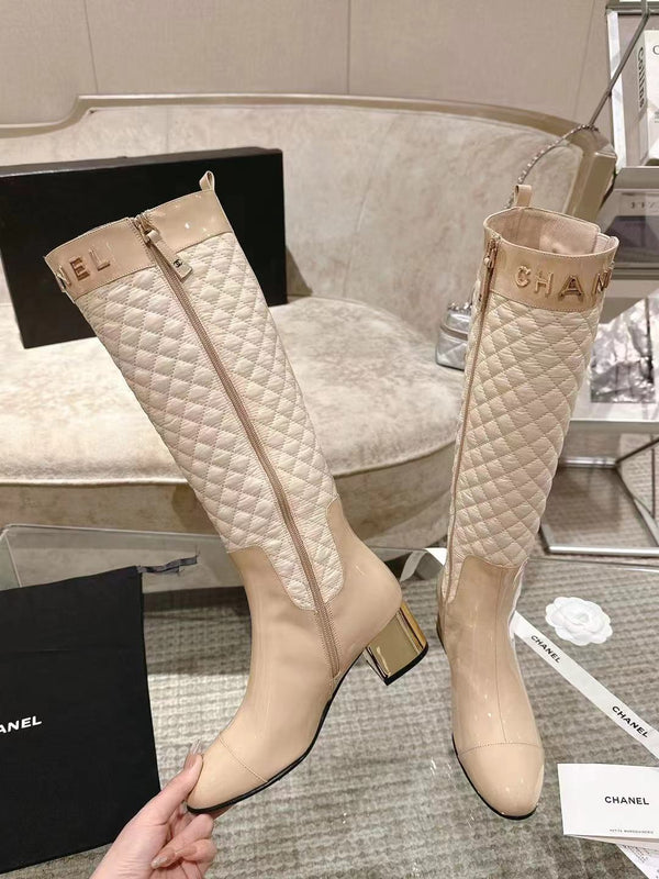 CC 26S Quilted Jumping Boots 5.5cm Beige Patent Leather Nylon 117685
