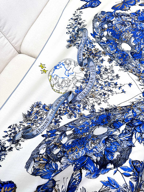 SQUARE SCARF 140 CM IN WHITE MIX COBALT BLUE CASHMERE AND SILK 390940