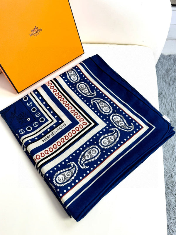 Tatouages Marins Bandana Shawl 135 CM Dark Blue Mix White Red Cashmere And Silk 401090