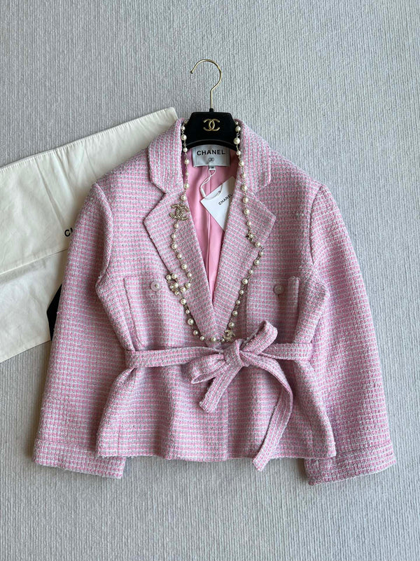 CC 25SS Lace-up Jacket Pink Sequins Tweed 235919