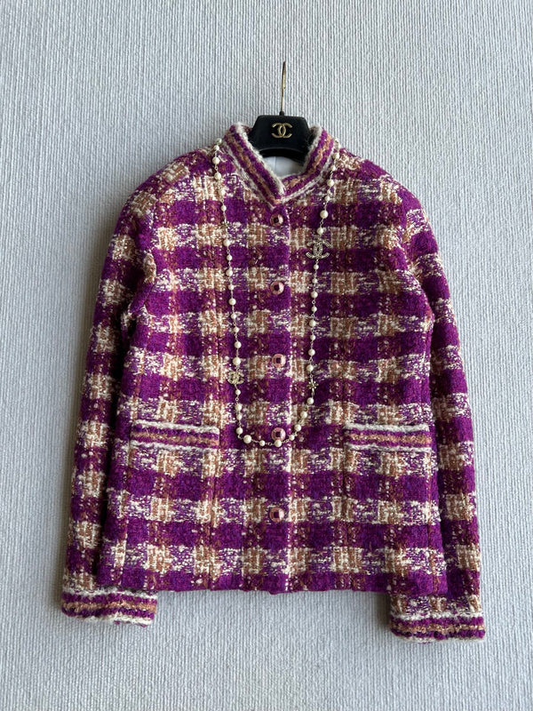 Chanel 2025 Plaid Tweed Jacket Purple Wool Polyester 325362