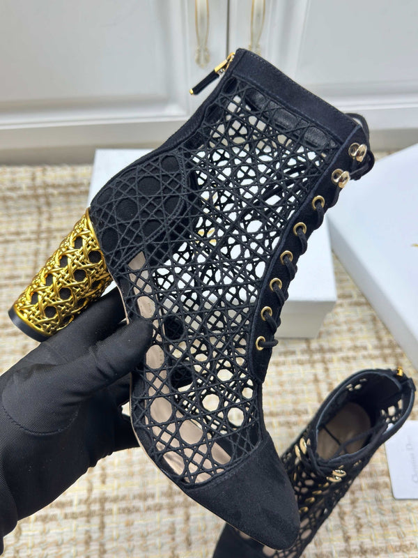 CD 26s Lace Up Ankle Boots 80mm In Black Openwork Lace Suede Gold Heel