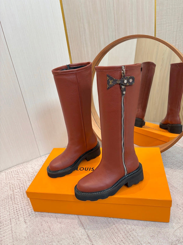 LV Beaubourg High Boot Brown Lychee-Patterned Cowhide