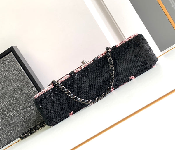 flap bag medium 25 black pink sequin silver hardware