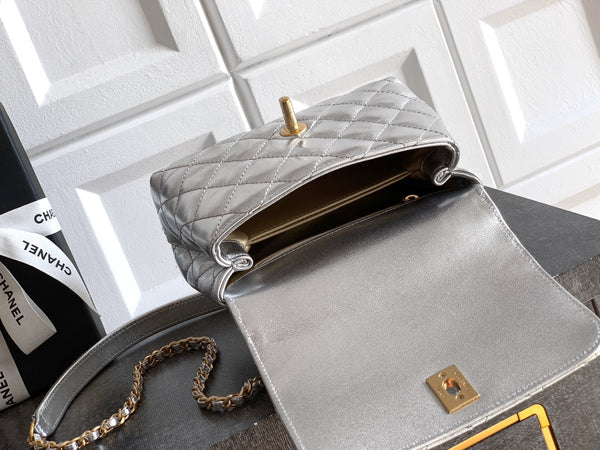 CC Coco Top Handle Bag 19cm Sliver Metalic Quited Leather