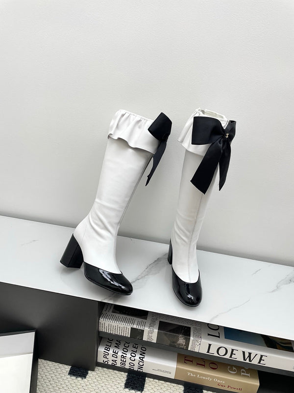 CC Big Bow Chunky Long Boots 80mm Black White Suede 427063