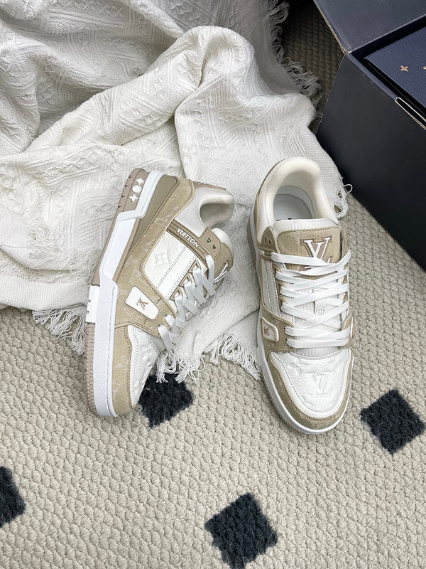 LV Trainer Sneaker White Taupe Denim Cowhide 611153