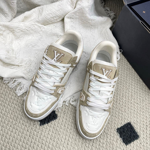 LV Trainer Sneaker White Taupe Denim Cowhide 611153