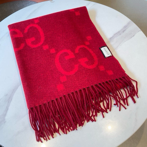 GG JACQUARD PATTERN KNIT SCARF 195 CM WITH TASSELS CHERRY RED 403746
