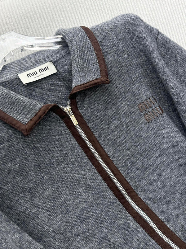 Miu 26s Zip-Up Jacket Grey Cotton Wool 426219