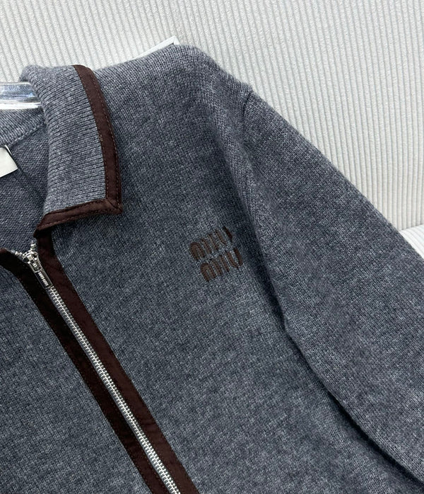 Miu 26s Zip-Up Jacket Grey Cotton Wool 426219